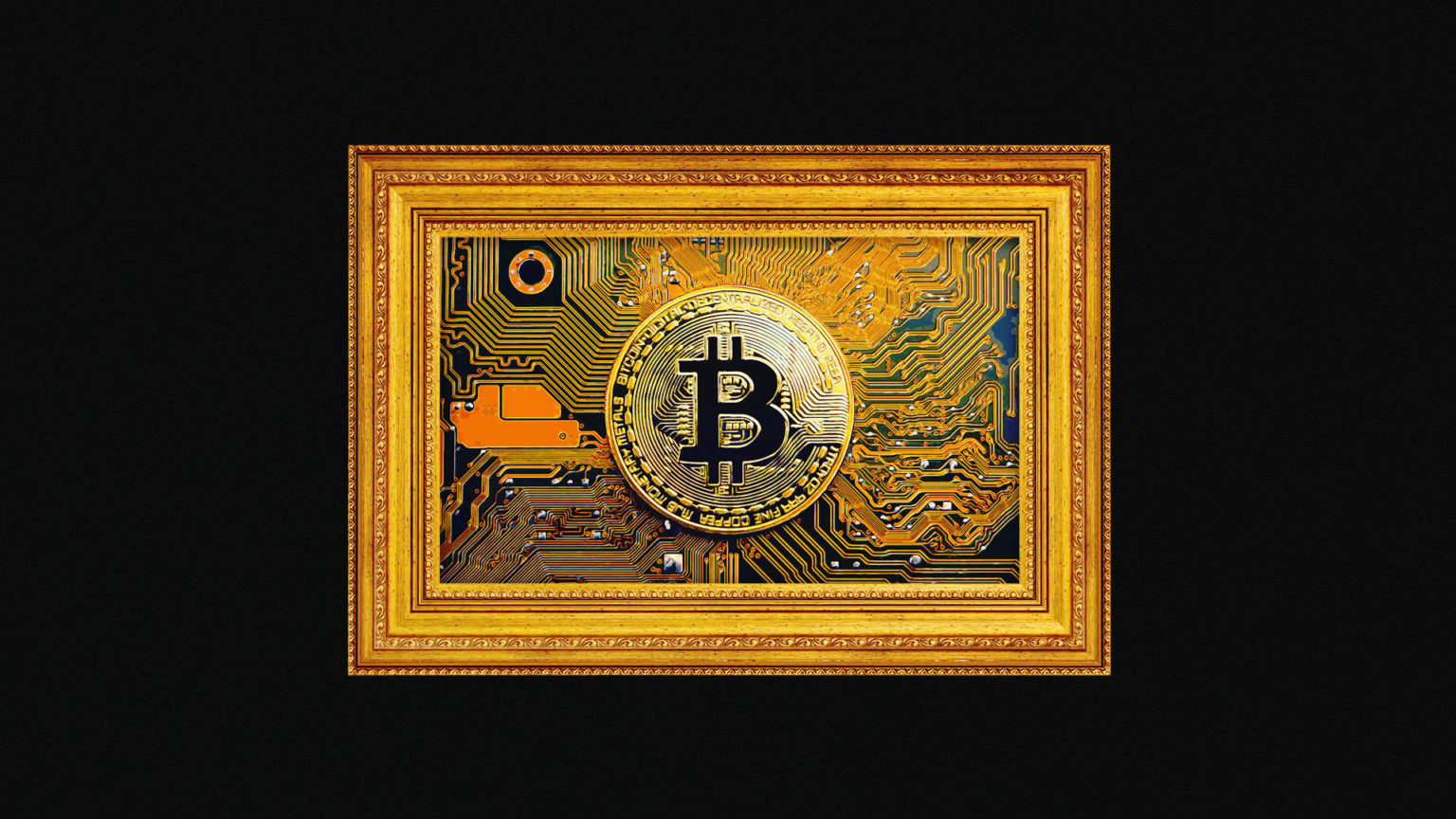 A gold picture frame containing a large ornate Bitcoin logo that symbolises and NFT