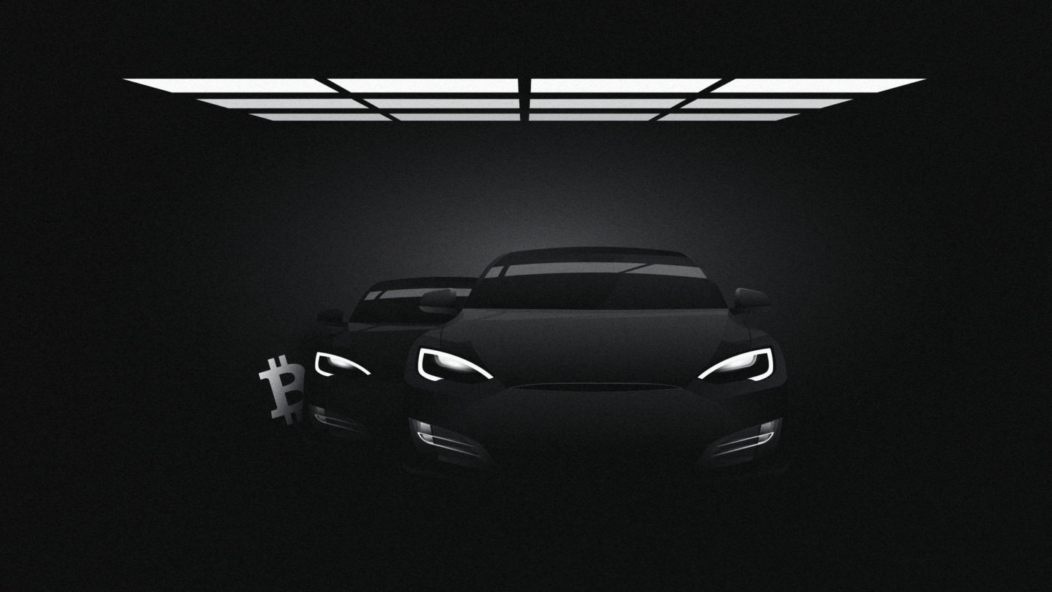 A black and white image of two Tesla cars with a Bitcoin symbol peeping out from behind them