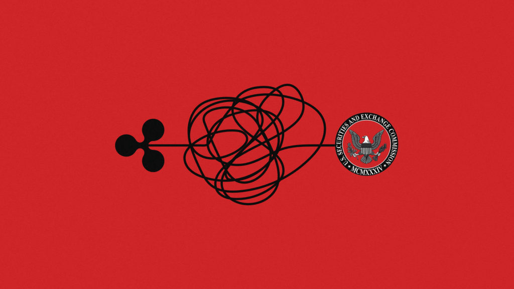 A Ripple Labs logo linked to an SEC seal via a long and tangled thread