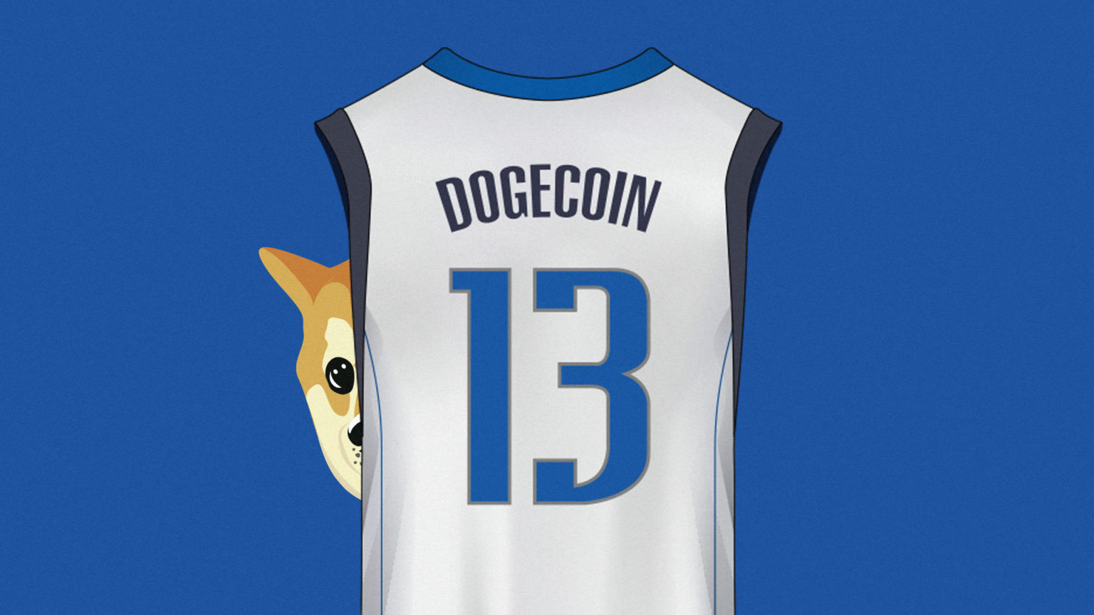 A Shiba Inu peeking out from behind a Dogecoin jersey, in the likeness of Mark Cuban's NBA team.