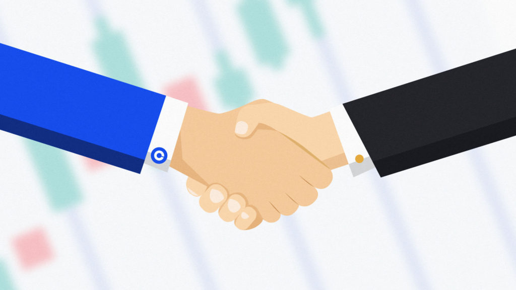 Two businesspeople shaking hands one of which has a Coinbase logo cufflink, cos it just bought Skew.