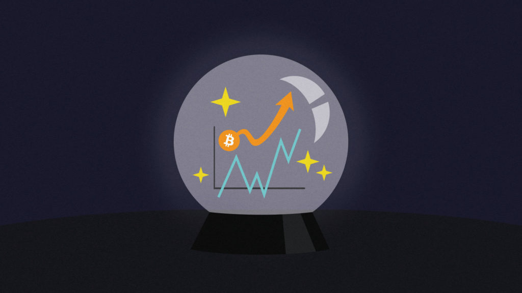 A crystal ball containing a bitcoin logo and stock prices on an upward trajectory