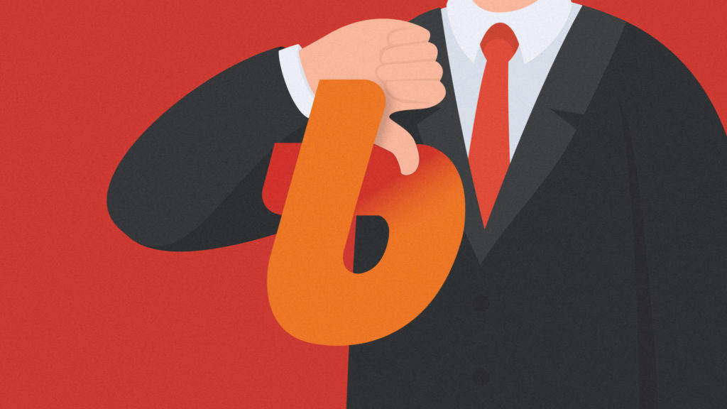 Bithumb logo in front of suited person giving thumbs down gesture