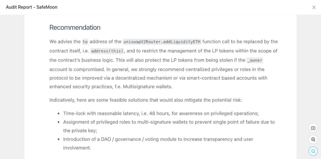 SafeMoon CertiK audit screenshot showing that the owner controls much of the token's supply.