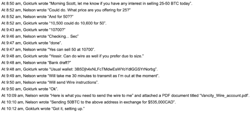 A Signal app conversation between Bitcoin buyer Scott Nelson and crypto exchange operator Michael Gokturk.