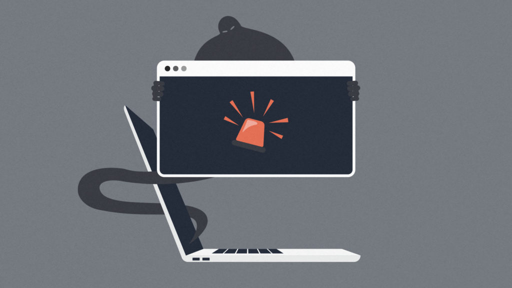 Dark.fail is a darknet market directory that fell victim to a targeting phishing campaign, and this image shows a red alarm going off on a laptop.
