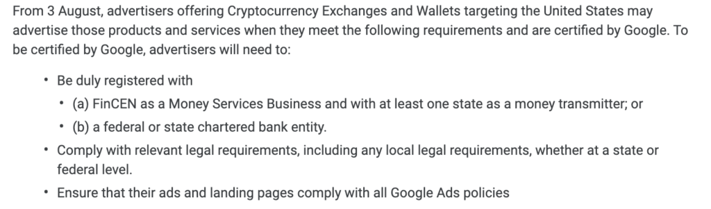 An excerpt from the new Google Ads policy for crypto-related companies.