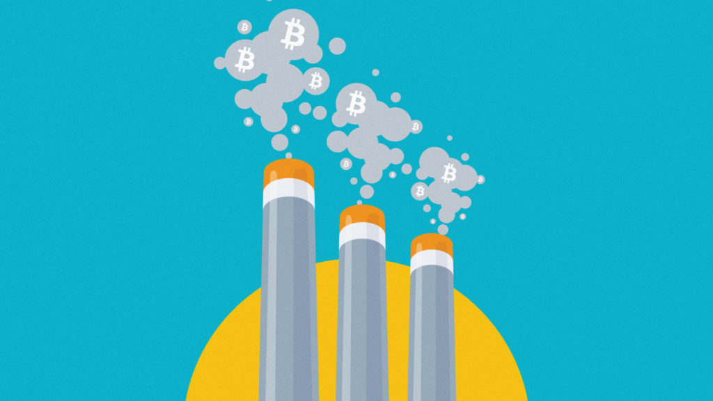 Three chimney stacks bellowing out grey fumes shaped like the bitcoin logo. The background and stacks resemble the colours of the Kazakhstan flag.